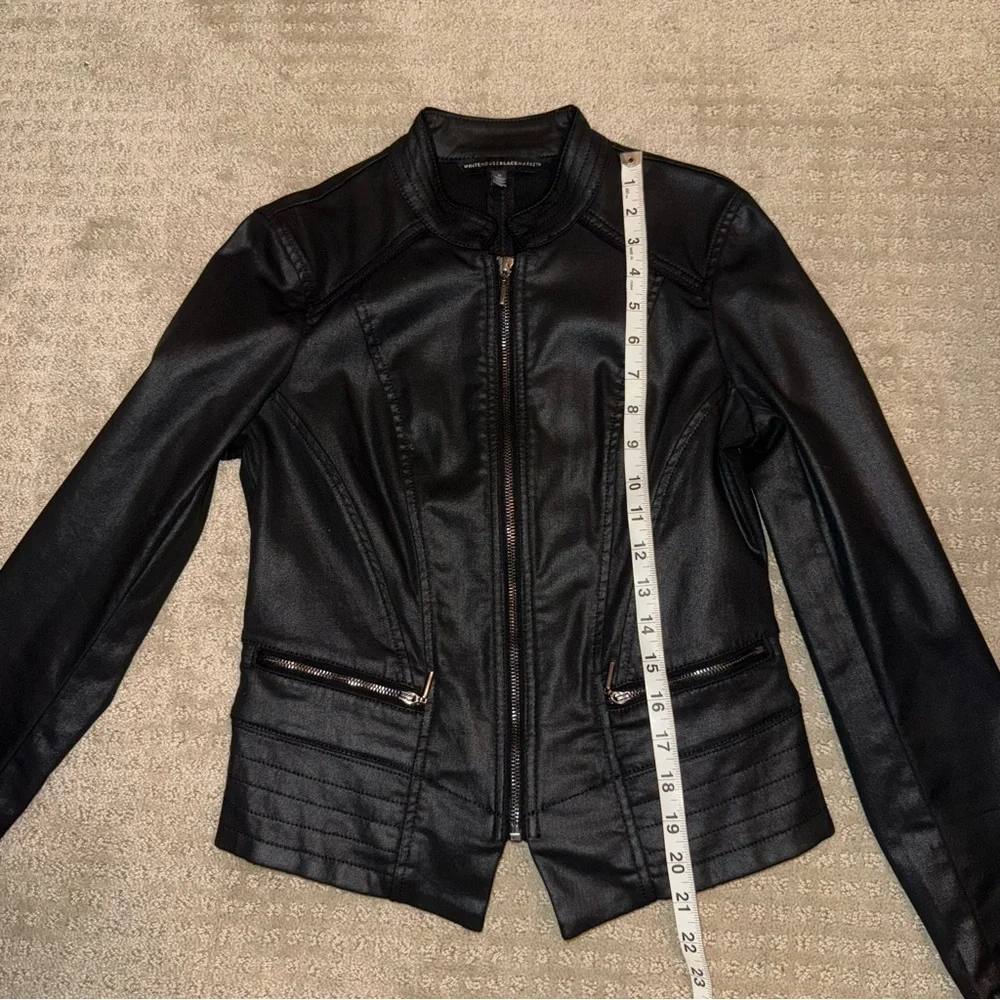 White House Black Market WHBM Black Coated Denim Moto Jacket Size 0